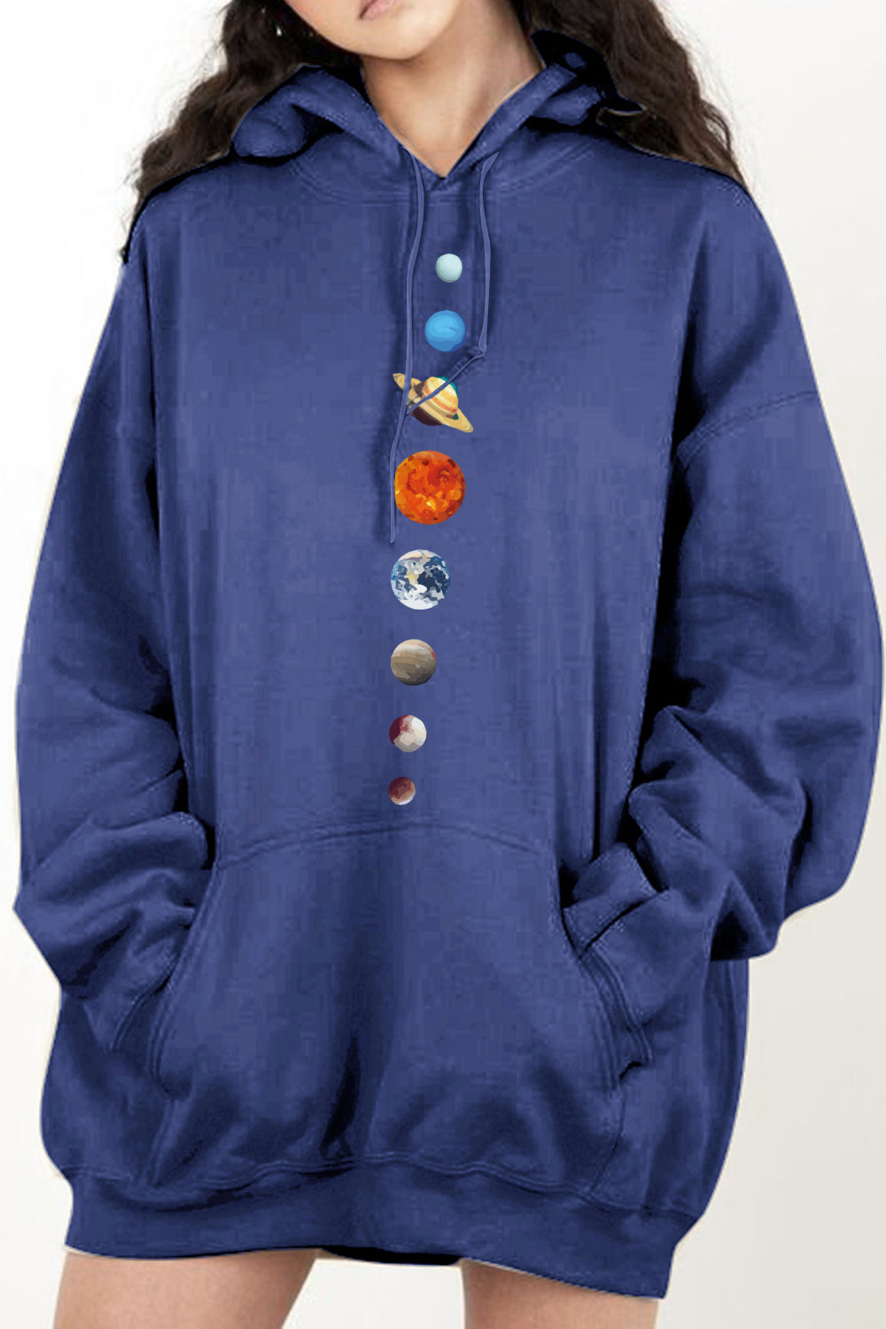 Dark Slate Blue Simply Love Full Size Dropped Shoulder Solar System Graphic Hoodie Sentient Beauty Fashions Apparel & Accessories