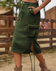 Dark Olive Green Drawstring Denim Cargo Skirt Sentient Beauty Fashions Dresses