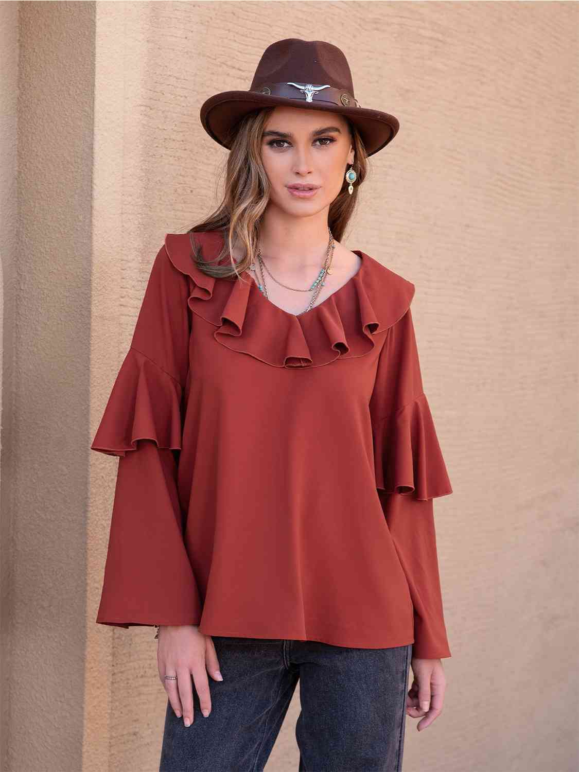 Rosy Brown Statement Collar Long Sleeve Blouse Sentient Beauty Fashions Apparel & Accessories