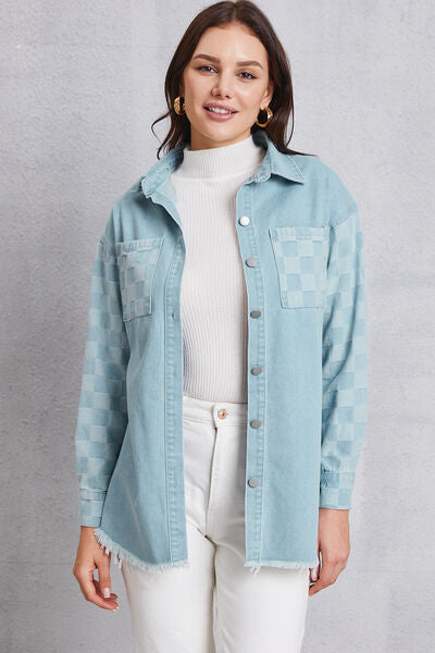 Gray Raw Hem Checkered Dropped Shoulder Denim Jacket Sentient Beauty Fashions Apparel &amp; Accessories