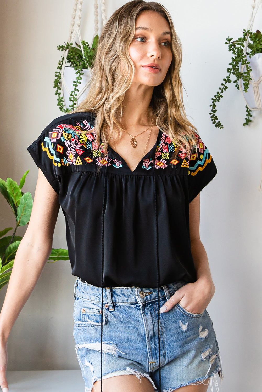 Gray Embroidered Tie-Neck Tassel Blouse Sentient Beauty Fashions Tops