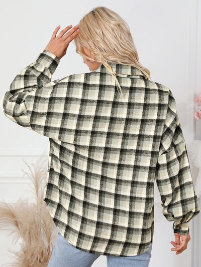 Light Gray Plaid Button Up Collared Neck Jacket Sentient Beauty Fashions Apparel & Accessories