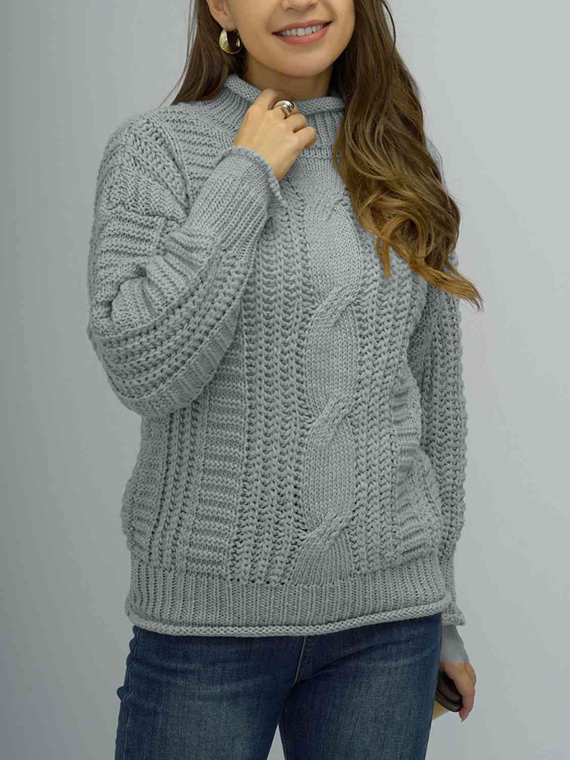 Light Slate Gray Cable-Knit Mock Neck Sweater Sentient Beauty Fashions Apparel & Accessories
