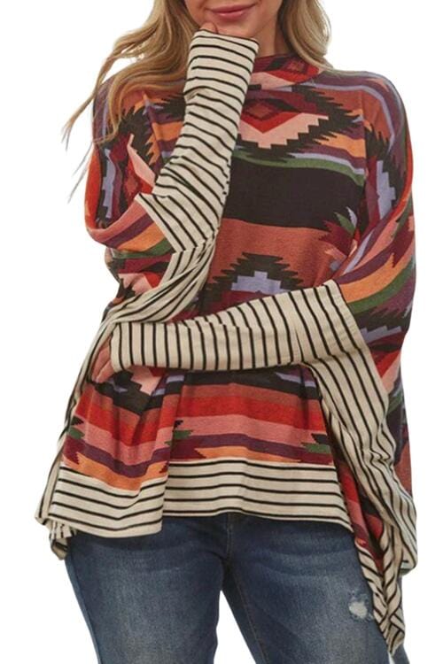 Dark Slate Gray Geometric Striped Splicing Round Neck Blouse