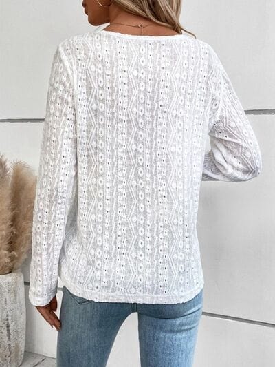 Light Gray Openwork Half Button Long Sleeve Blouse