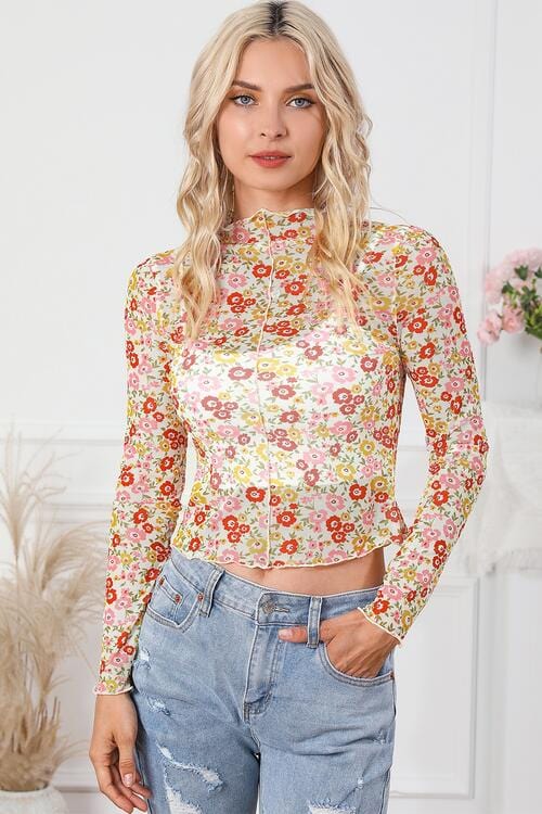 Light Gray Floral Mock Neck Long Sleeve Blouse