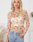 Light Gray Floral Mock Neck Long Sleeve Blouse