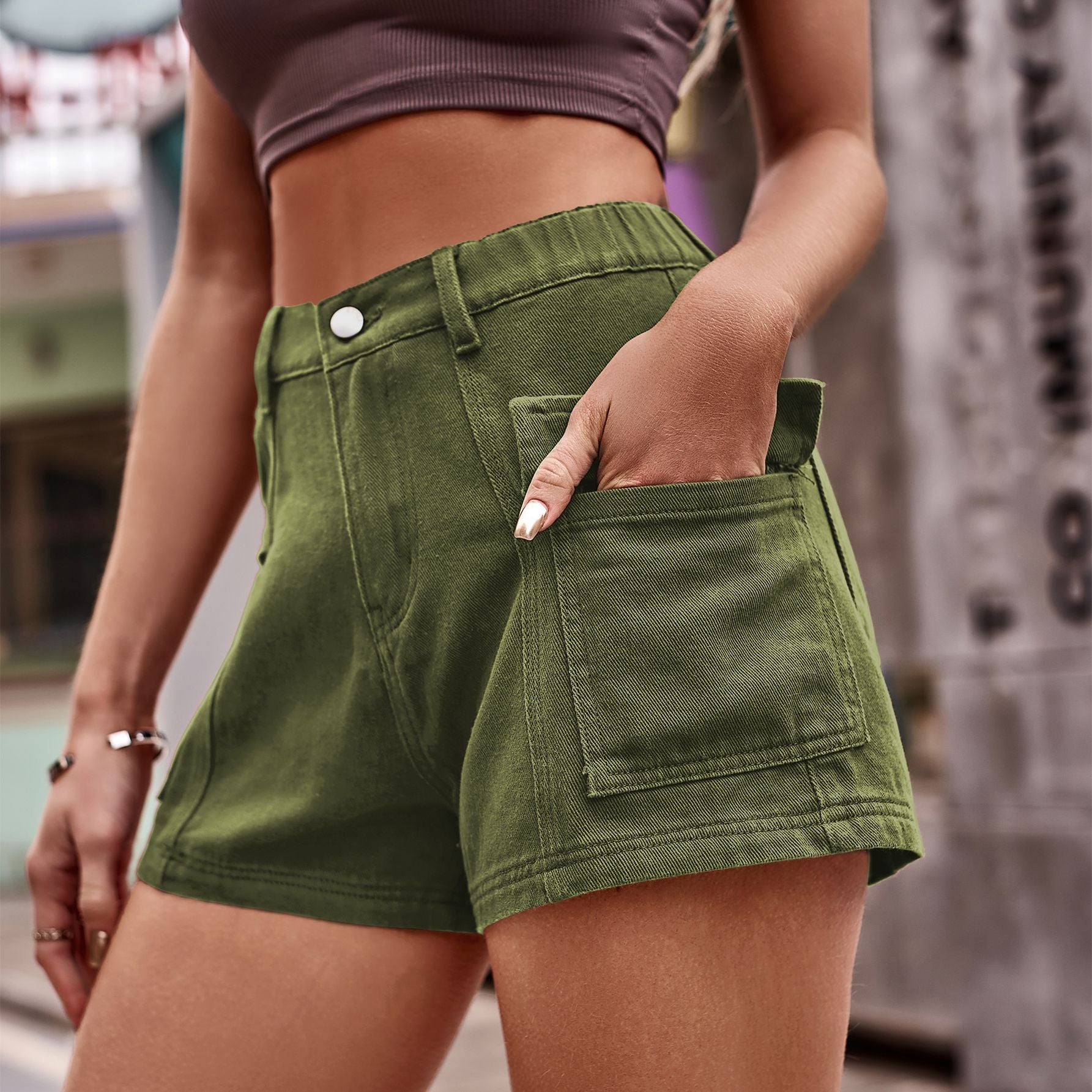 Dim Gray High-Waist Denim Shorts with Pockets Sentient Beauty Fashions Apparel &amp; Accessories