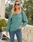 Tan Printed Tied Sweetheart Neck Long Sleeve Blouse Sentient Beauty Fashions Apparel & Accessories