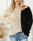 Light Gray Two-Tone V-Neck Long Sleeve Knit Top