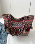 Light Gray Printed Tassel Detail Tote Bag