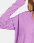 Plum Zenana Slit V-Neck Dropped Shoulder Sweater