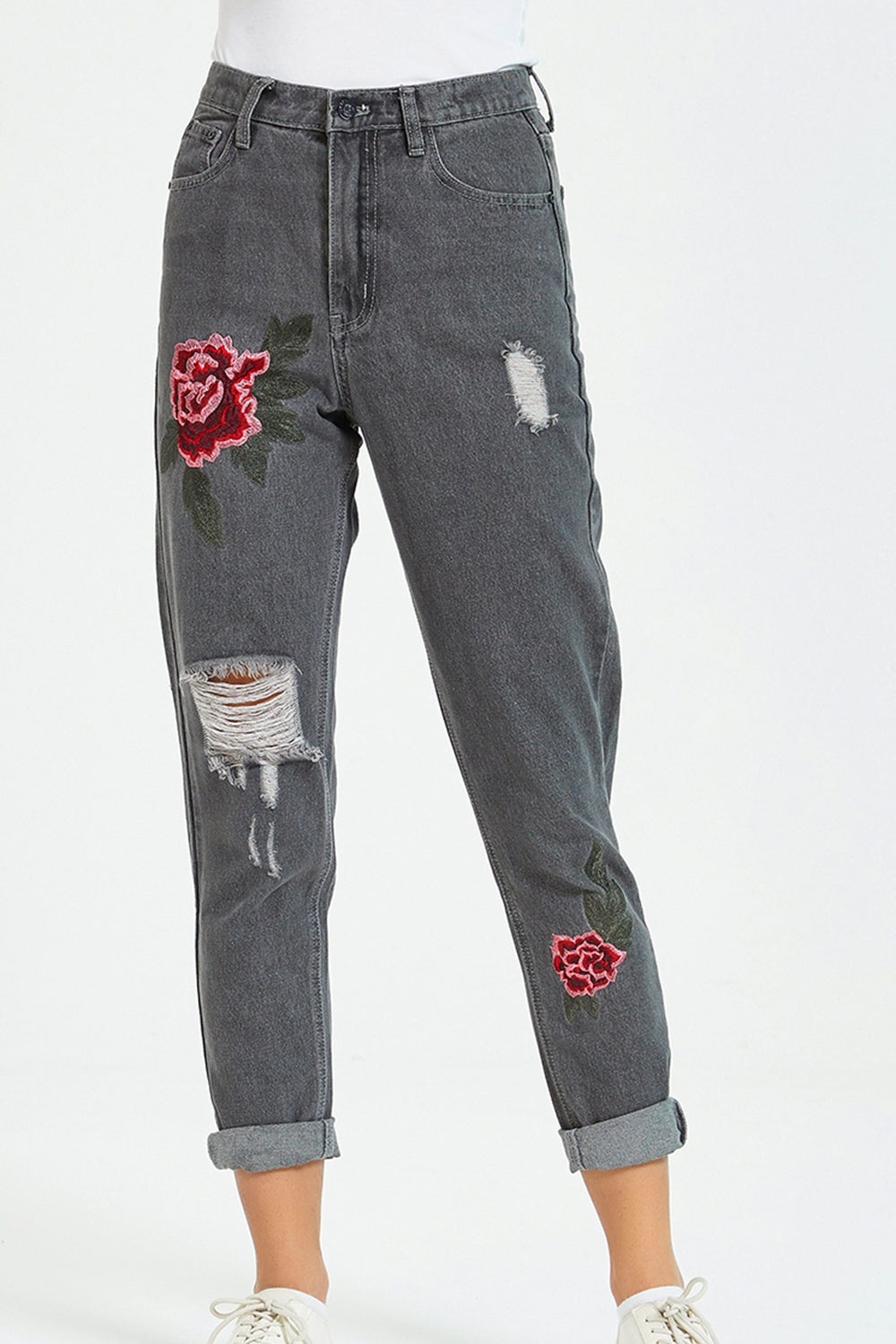 Dim Gray Flower Embroidery Distressed Jeans Sentient Beauty Fashions Apparel &amp; Accessories
