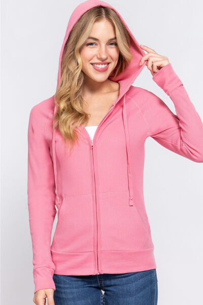 Pink ACTIVE BASIC Waffle Knit Drawstring Zip Up Long Sleeve Hoodie Sentient Beauty Fashions Apparel & Accessories