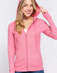 Pink ACTIVE BASIC Waffle Knit Drawstring Zip Up Long Sleeve Hoodie Sentient Beauty Fashions Apparel & Accessories