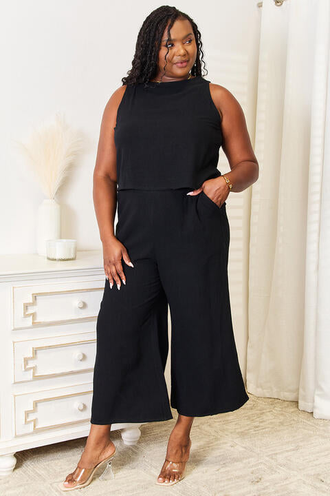Black Double Take Buttoned Round Neck Tank and Wide Leg Pants Set