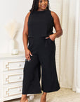 Black Double Take Buttoned Round Neck Tank and Wide Leg Pants Set Sentient Beauty Fashions Apparel & Accessories