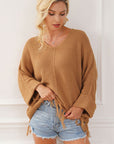 Light Gray Fringe V-Neck Long Sleeve Sweater Sentient Beauty Fashions Apparel & Accessories