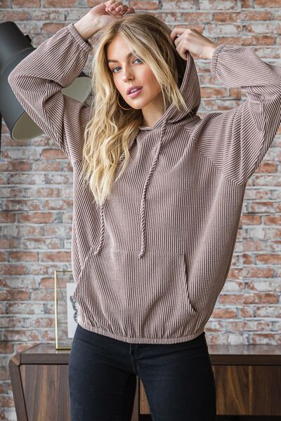 Rosy Brown Heimish Full Size Ribbed Drawstring Kangaroo Pocket Hoodie Sentient Beauty Fashions Apparel & Accessories