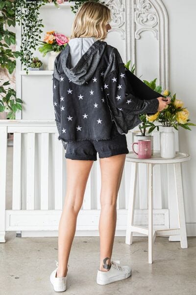 Light Gray Veveret Star Embroidered Hooded Denim Jacket