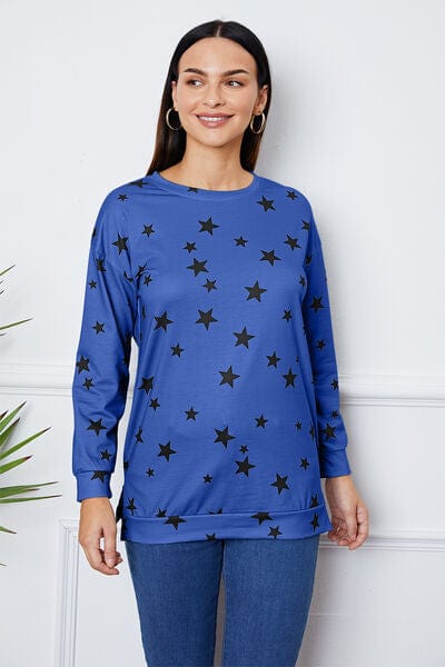 Light Gray Star Print Round Neck Dropped Shoulder Sweatshirt