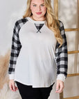 Gray Hailey & Co Full Size Plaid Raglan Sleeve Round Neck Blouse Sentient Beauty Fashions Apparel & Accessories