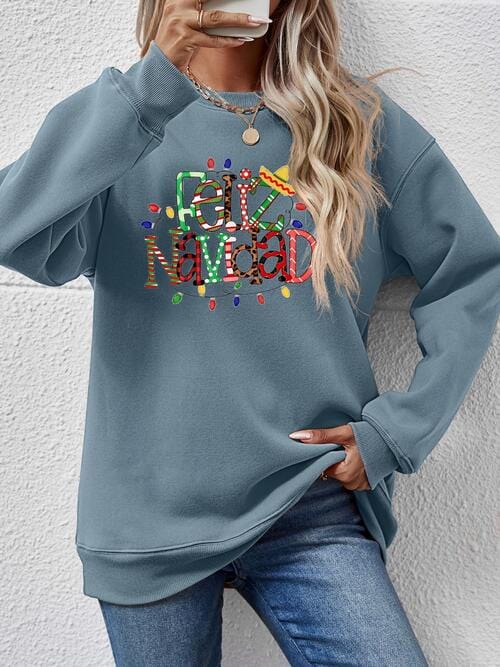 Dim Gray FELIZ NAVIDAD Round Neck Drop Shoulder Sweatshirt