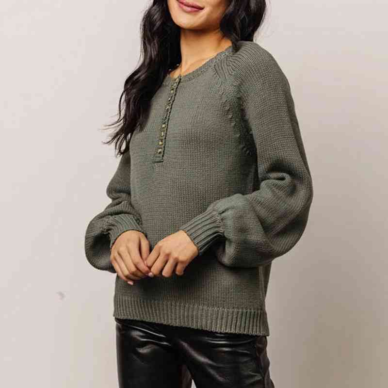 Gray Buttoned Round Neck Long Sleeve Sweater Sentient Beauty Fashions Apparel &amp; Accessories
