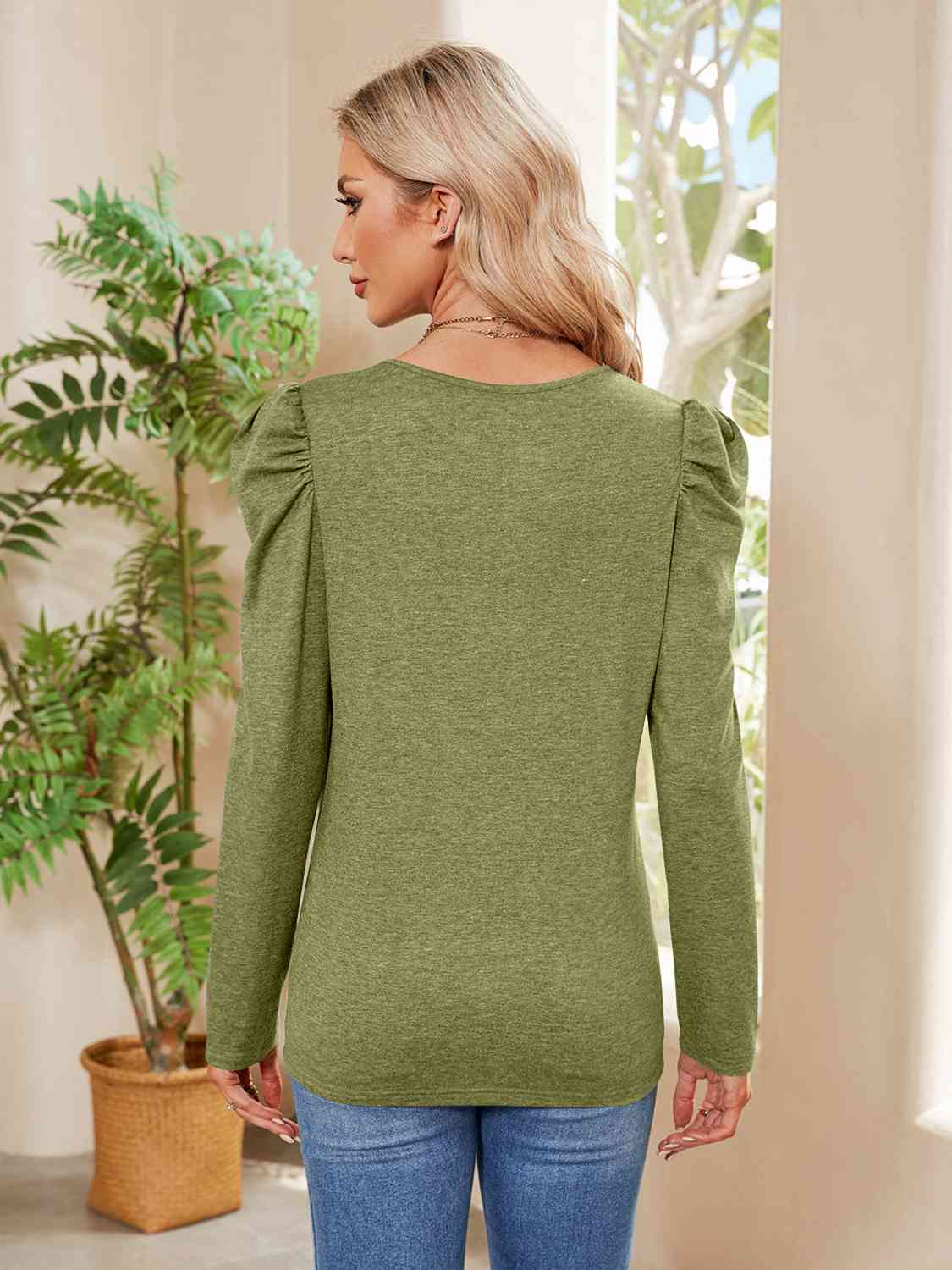 Rosy Brown Buttoned Round Neck Puff Sleeve T-Shirt Sentient Beauty Fashions Apparel &amp; Accessories