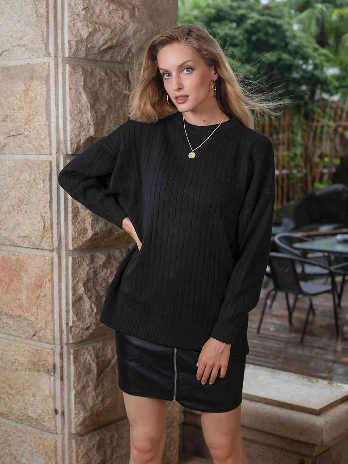 Dark Slate Gray Round Neck Dropped Shoulder Sweater Sentient Beauty Fashions Apparel &amp; Accessories