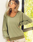 Dark Khaki BiBi Waffle Knit Contrast Trim Long Sleeve T-Shirt