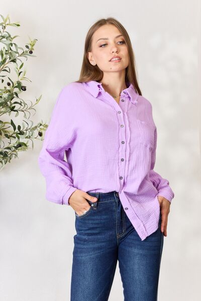 Light Gray Zenana Full Size Texture Button Up Raw Hem Long Sleeve Shirt Sentient Beauty Fashions Apparel &amp; Accessories