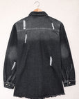 Dark Slate Gray Distressed Button Up Raw Hem Denim Jacket Sentient Beauty Fashions Apparel & Accessories