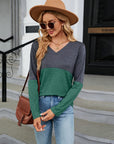 Dim Gray V-Neck Long Sleeve Two-Tone T-Shirt