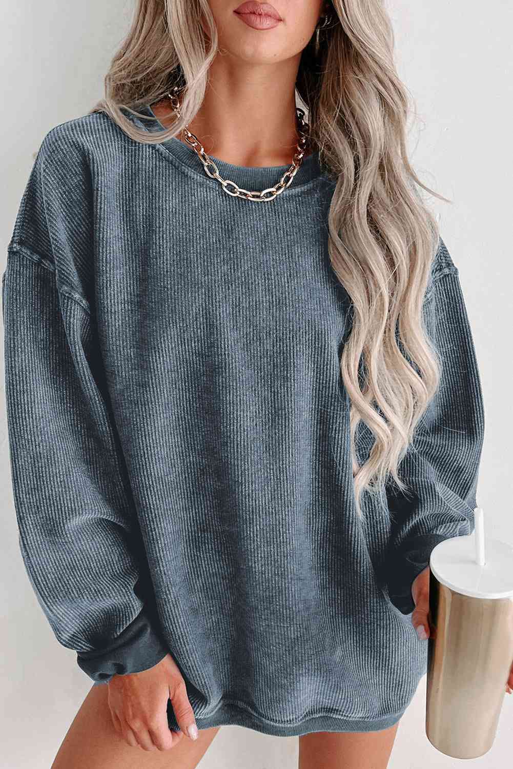 Dark Slate Gray Round Neck Dropped Shoulder Sweatshirt