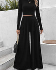 Black Ribbed Round Neck Top and Wide-Leg Pants Set Sentient Beauty Fashions Apparel & Accessories