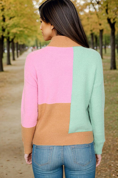 Color Block Mock Neck Dropped Shoulder Sweater