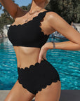 Dark Slate Gray Scalloped Trim One-Shoulder Bikini Set Sentient Beauty Fashions Apparel & Accessories