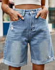 Light Slate Gray Distressed Buttoned Denim Shorts with Pockets Sentient Beauty Fashions Apparel & Accessories