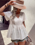 Gray Tied Decorative Buttons Short Puff Sleeve Blouse