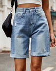 Dark Gray Distressed Buttoned Denim Shorts with Pockets Sentient Beauty Fashions Apparel & Accessories