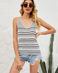 Light Gray Striped Ribbed Trim Knit Tank Sentient Beauty Fashions Tops