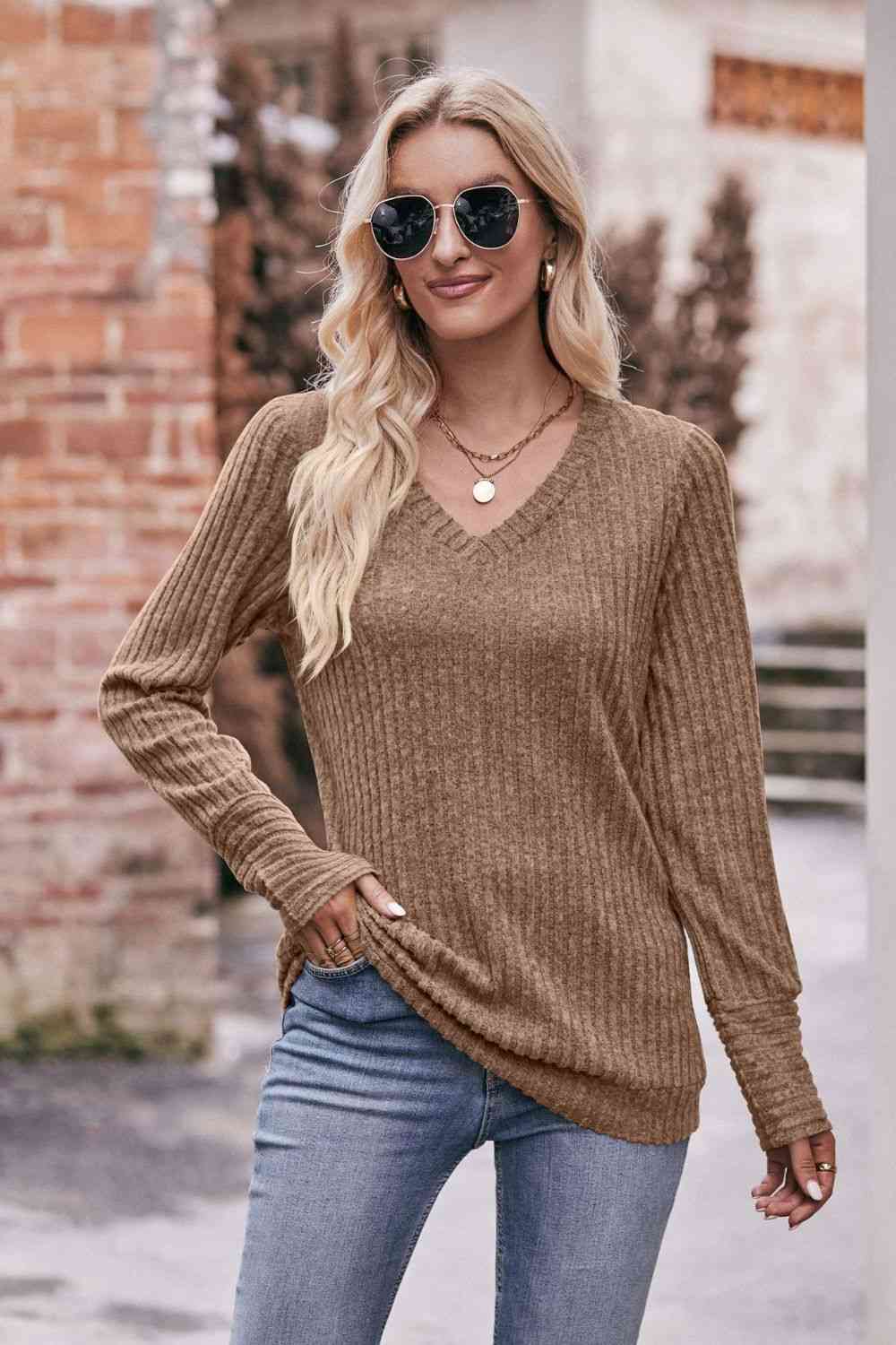 Rosy Brown Double Take V-Neck Long Sleeve Ribbed Top Sentient Beauty Fashions Apparel & Accessories