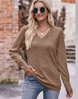 Rosy Brown Double Take V-Neck Long Sleeve Ribbed Top Sentient Beauty Fashions Apparel & Accessories