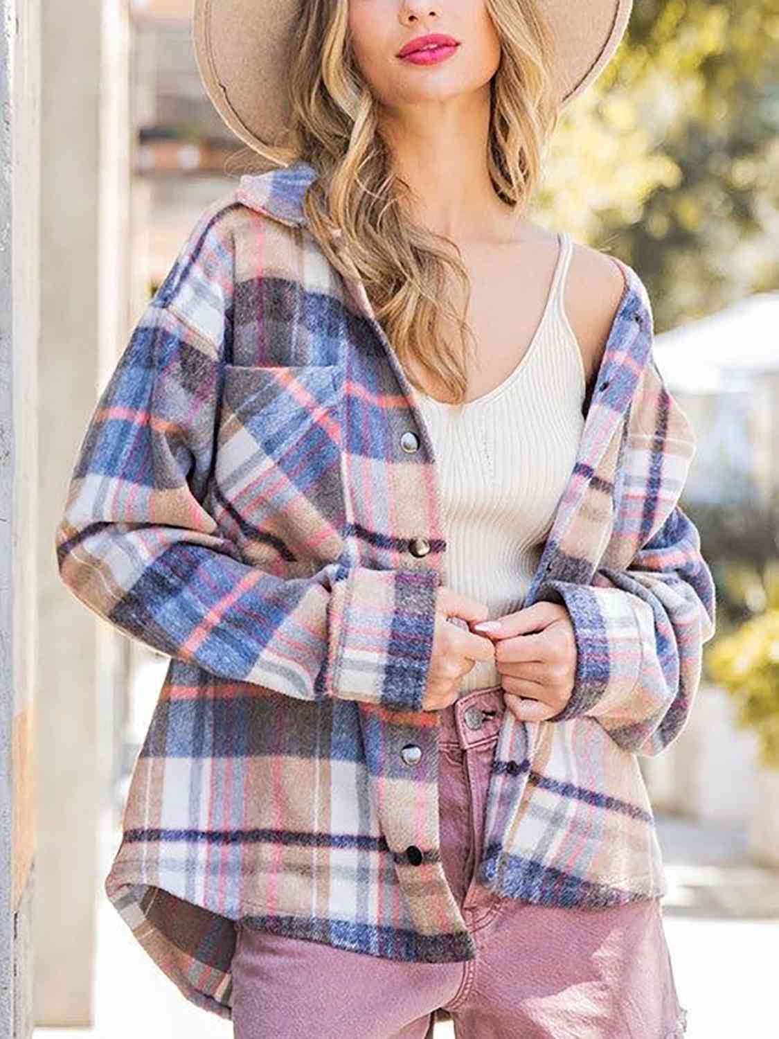 Gray Snap Up Plaid Collared Neck Jacket with Pocket
