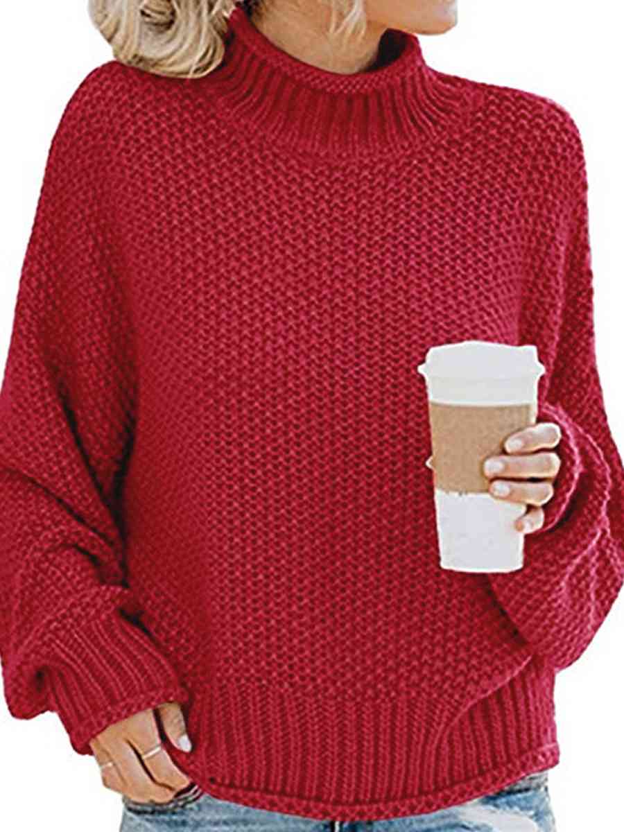 Brown Turtleneck Dropped Shoulder Sweater