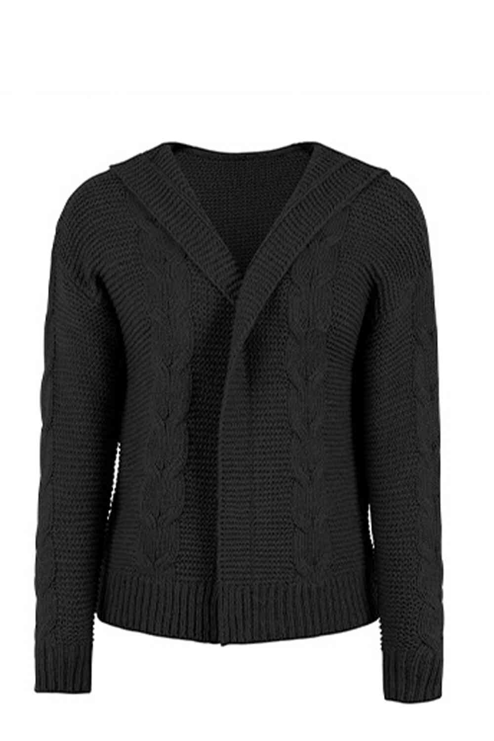 Black Cable-Knit Dropped Shoulder Hooded Cardigan