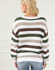 Antique White Striped Openwork Dropped Shoulder Sweater