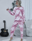 Gray Tie-dye Round Neck Top and Drawstring Pants Lounge Set Sentient Beauty Fashions Apparel & Accessories