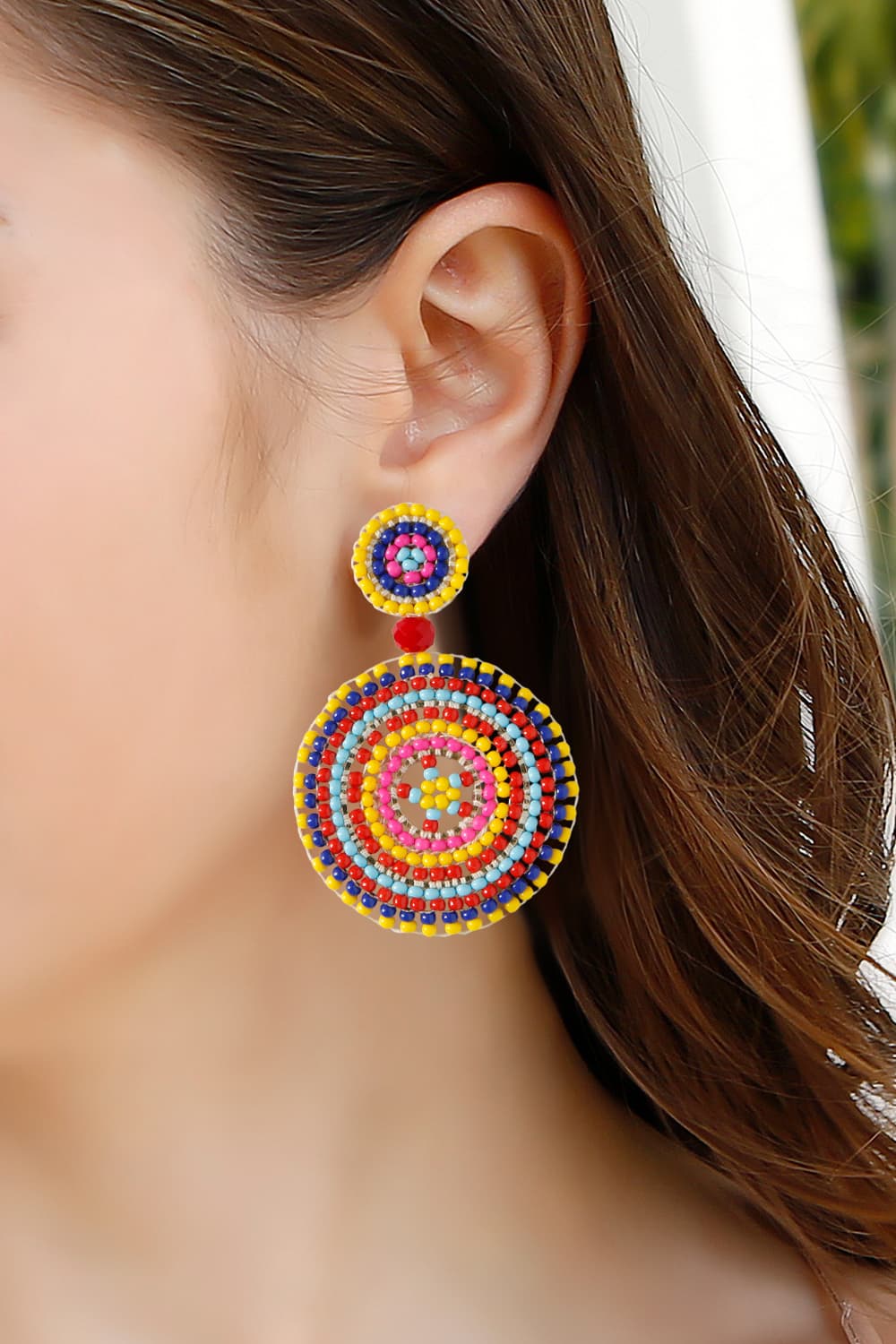 Tan Beaded Boho Style Round Shape Dangle Earrings Sentient Beauty Fashions jewelry